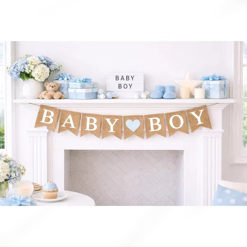 Baby Boy Banner Bunting Garland – Baby Shower Decorations for Boy – Gender Reveal Party Supplies – Pregnancy Announcement & Newborn Welcome Hanging Banner Decor