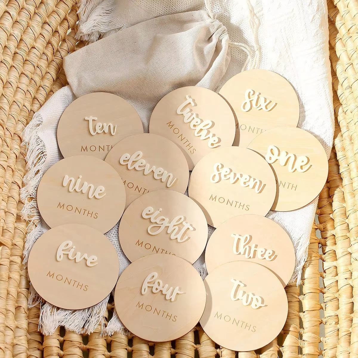 12PCS Wooden Baby Milestone Cards 1-12 Months – Monthly Milestone Discs for Newborn Photography – Baby Keepsake Memory Markers – Baby Shower Gift & Photo Props
