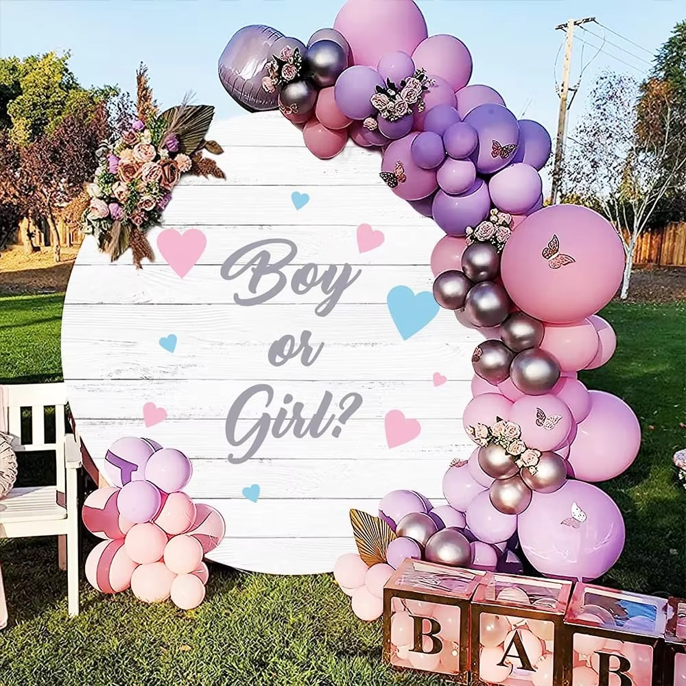 Boy or Girl Gender Reveal Round Backdrop Cover – Little Feet Baby Shower Background Banner with Balloons – Newborn Pregnancy Reveal Party Photography Decoration