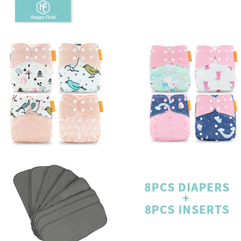 8 diapers+8 Inserts Baby Cloth Diapers One Size Adjustable Washable Reusable Cloth Nappy For Baby Girls and Boys