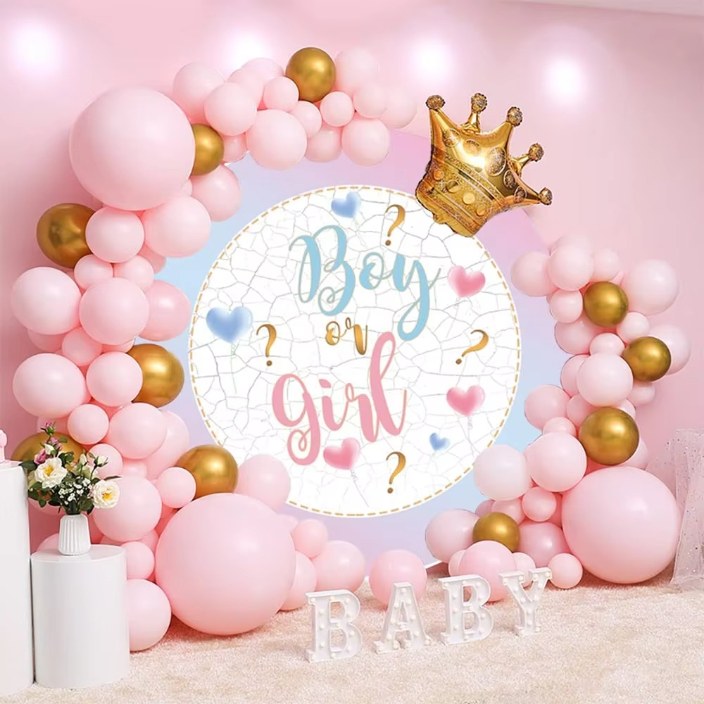 Boy or Girl Gender Reveal Round Backdrop Cover – Little Feet Baby Shower Background Banner with Balloons – Newborn Pregnancy Reveal Party Photography Decoration