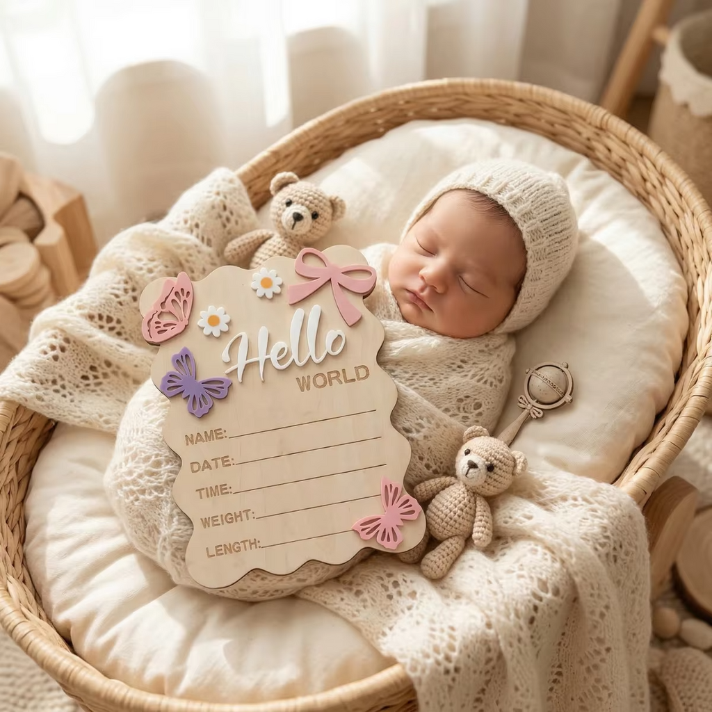 Boho Floral Butterfly Wave Edge Baby Birth Announcement Sign – Natural Wood Photo Prop with Raised Acrylic Letters – “Hello World” Newborn Milestone Board