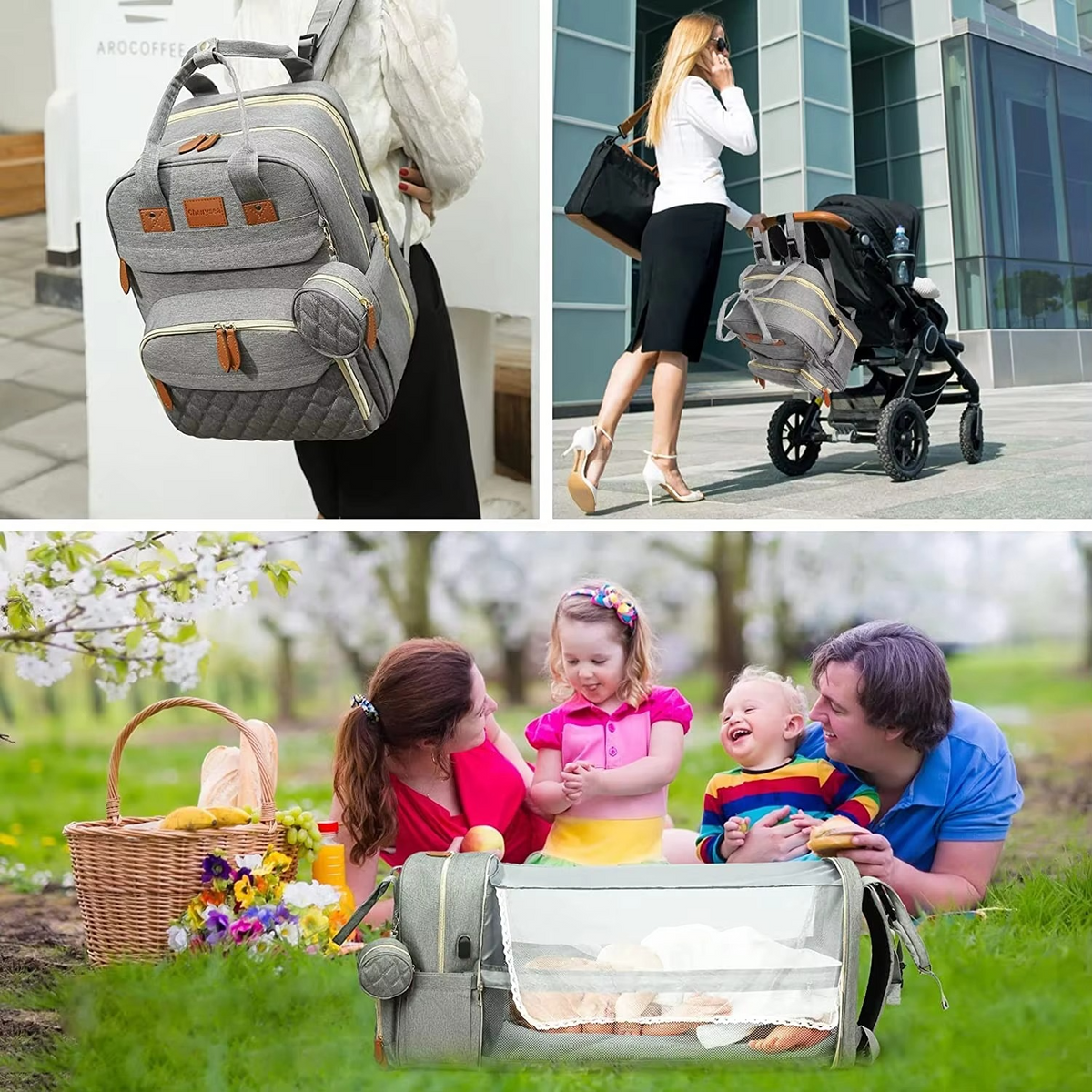3-in-1 Diaper Bag Backpack with Foldable Baby Bed – Waterproof Travel Maternity Bag with Changing Station & USB Charging Port – Multifunction Baby Nappy Backpack