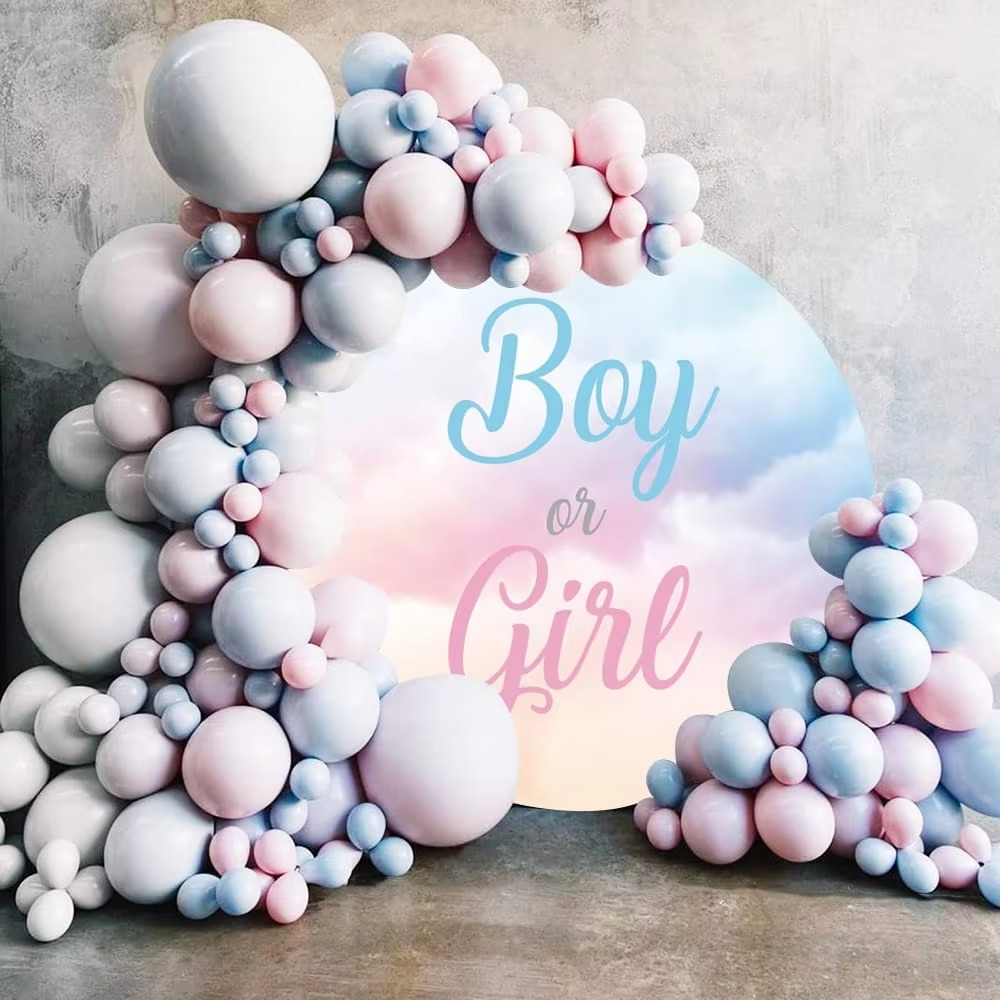 Boy or Girl Gender Reveal Round Backdrop Cover – Little Feet Baby Shower Background Banner with Balloons – Newborn Pregnancy Reveal Party Photography Decoration