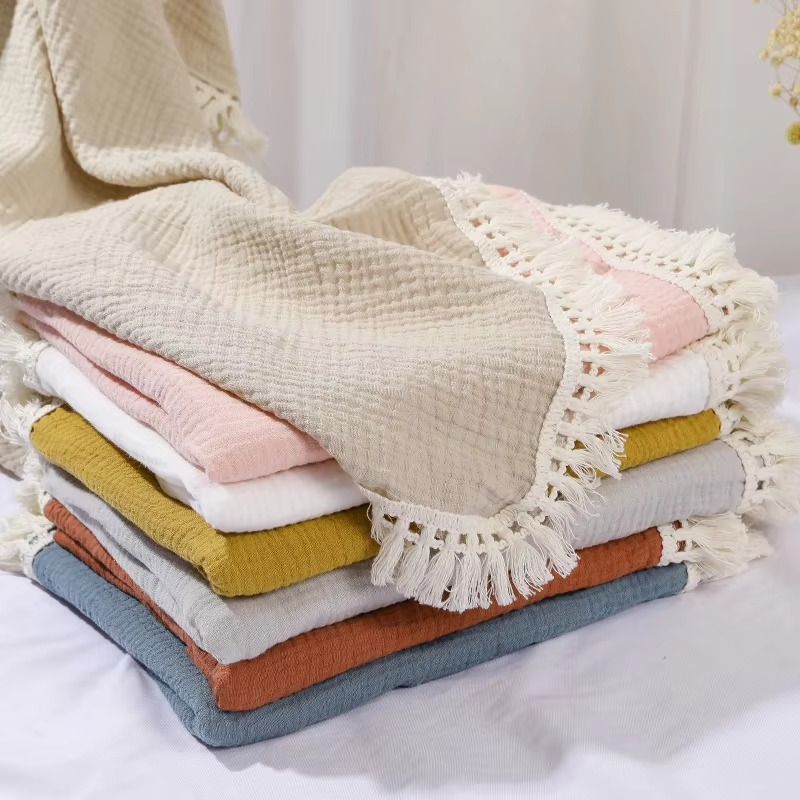 Cotton Muslin Swaddle Blanket with Tassels – Soft Newborn Receiving Blanket – Breathable Infant Sleeping Quilt, Baby Bed Cover & Stroller Blanket