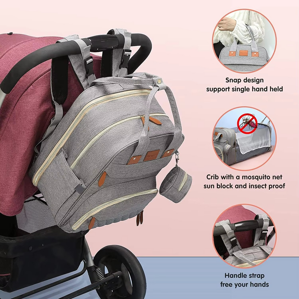 3-in-1 Diaper Bag Backpack with Foldable Baby Bed – Waterproof Travel Maternity Bag with Changing Station & USB Charging Port – Multifunction Baby Nappy Backpack