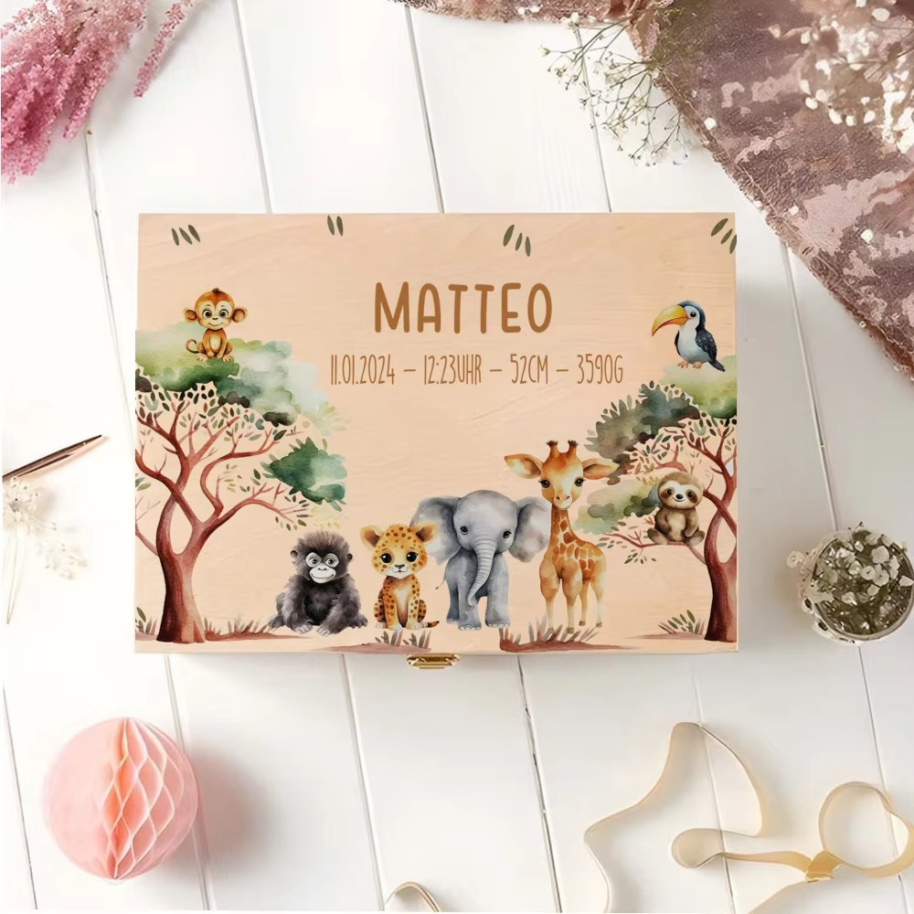Personalized Keepsake Box with Custom Name – Animal Rainbow Wooden Memory Box for Kids – Custom Child Memory Case – Baby Shower, Birthday & Newborn Keepsake Gift