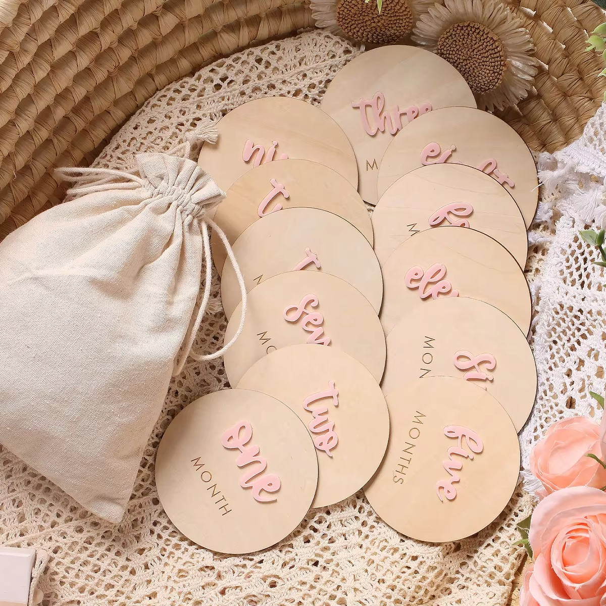 12PCS Wooden Baby Milestone Cards 1-12 Months – Monthly Milestone Discs for Newborn Photography – Baby Keepsake Memory Markers – Baby Shower Gift & Photo Props