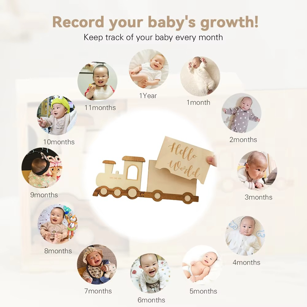 Baby Wooden Train Milestone Cards with Storage Box – 0-12 Months Monthly Milestone Markers – Newborn Photography Props – Baby Birthday Decoration & Keepsake Gift