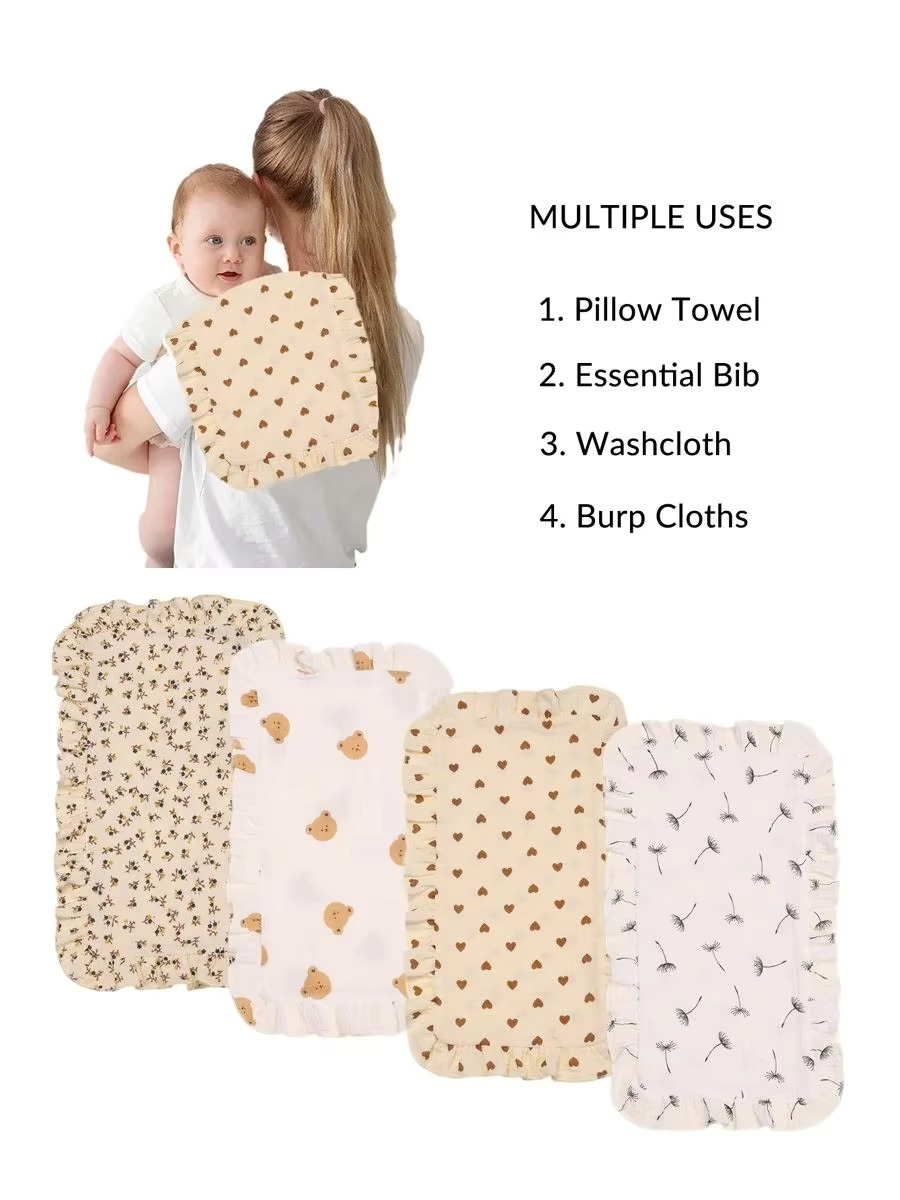 4PCS Muslin Cotton Burp Cloth Set – Soft Gauze Baby Burping Pads with Ruffled Edges – Absorbent Shoulder Cloths for Newborns & Infants