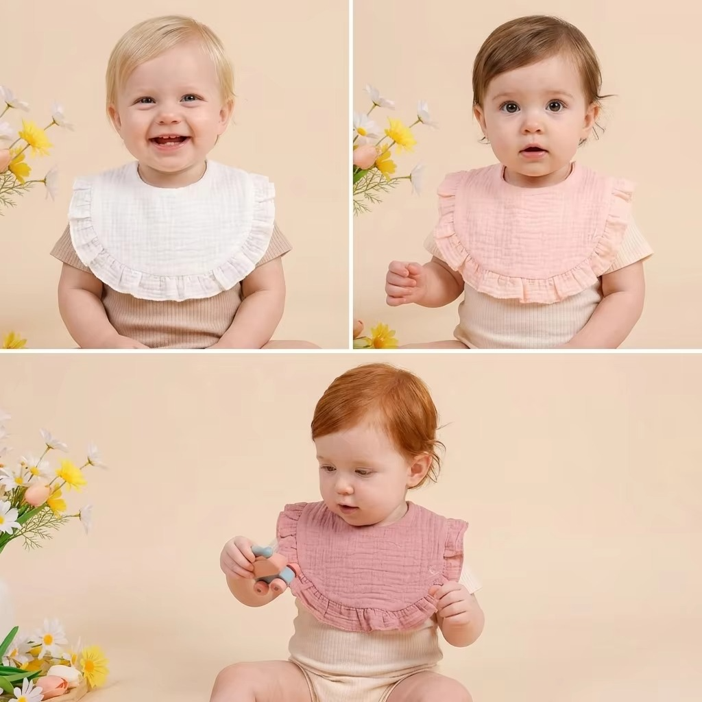 3PCS Newborn Cotton Ruffle Bib Set – Soft Baby Drool Bibs, Burp Cloths & Saliva Towels – Cute Feeding Bibs for Infants & Toddlers