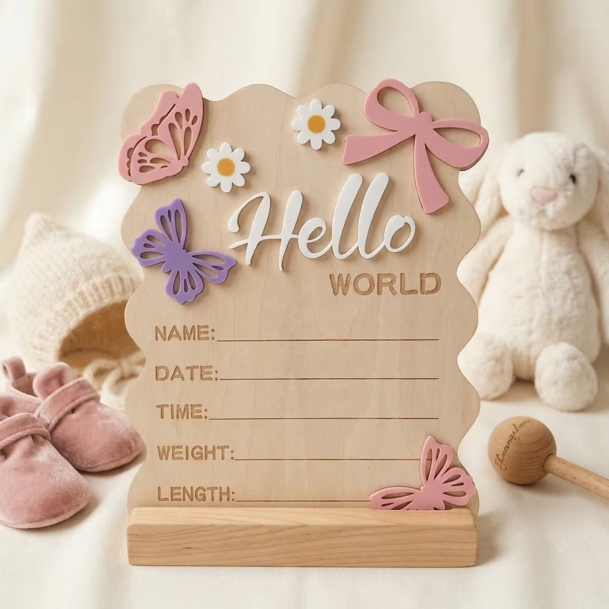 Boho Floral Butterfly Wave Edge Baby Birth Announcement Sign – Natural Wood Photo Prop with Raised Acrylic Letters – “Hello World” Newborn Milestone Board