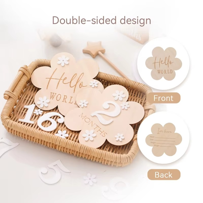 Wooden Baby Flower Shape Milestone Cards – Monthly Baby Milestone Markers for Newborn Photography – Birthday Memory Cards – Baby Birth Gift & Keepsake