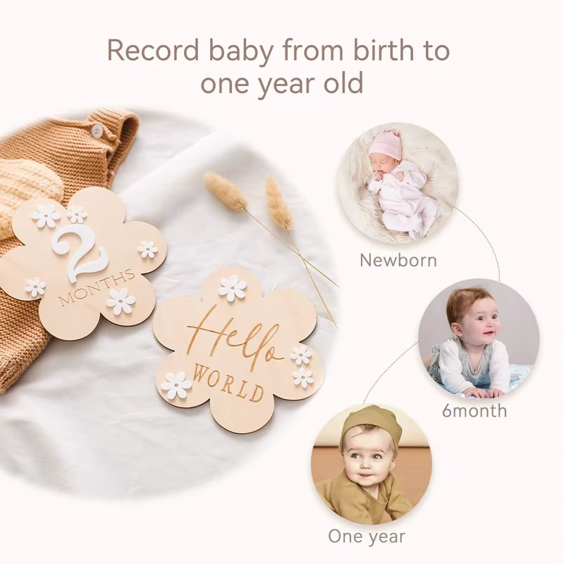 Wooden Baby Flower Shape Milestone Cards – Monthly Baby Milestone Markers for Newborn Photography – Birthday Memory Cards – Baby Birth Gift & Keepsake