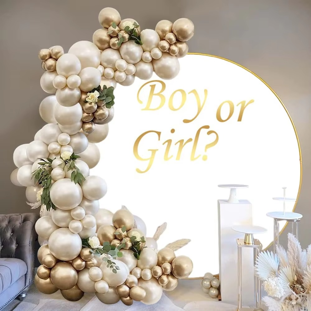 Boy or Girl Gender Reveal Round Backdrop Cover – Little Feet Baby Shower Background Banner with Balloons – Newborn Pregnancy Reveal Party Photography Decoration
