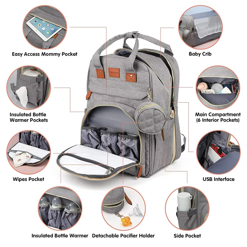 3-in-1 Diaper Bag Backpack with Foldable Baby Bed – Waterproof Travel Maternity Bag with Changing Station & USB Charging Port – Multifunction Baby Nappy Backpack