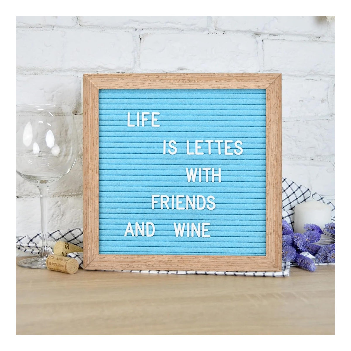 Felt Letter Board with 294 Letters, Numbers & Symbols - 10 x 10 inch Changeable Message Board with Wooden Frame Wall Mount Hook, Blue & Wood