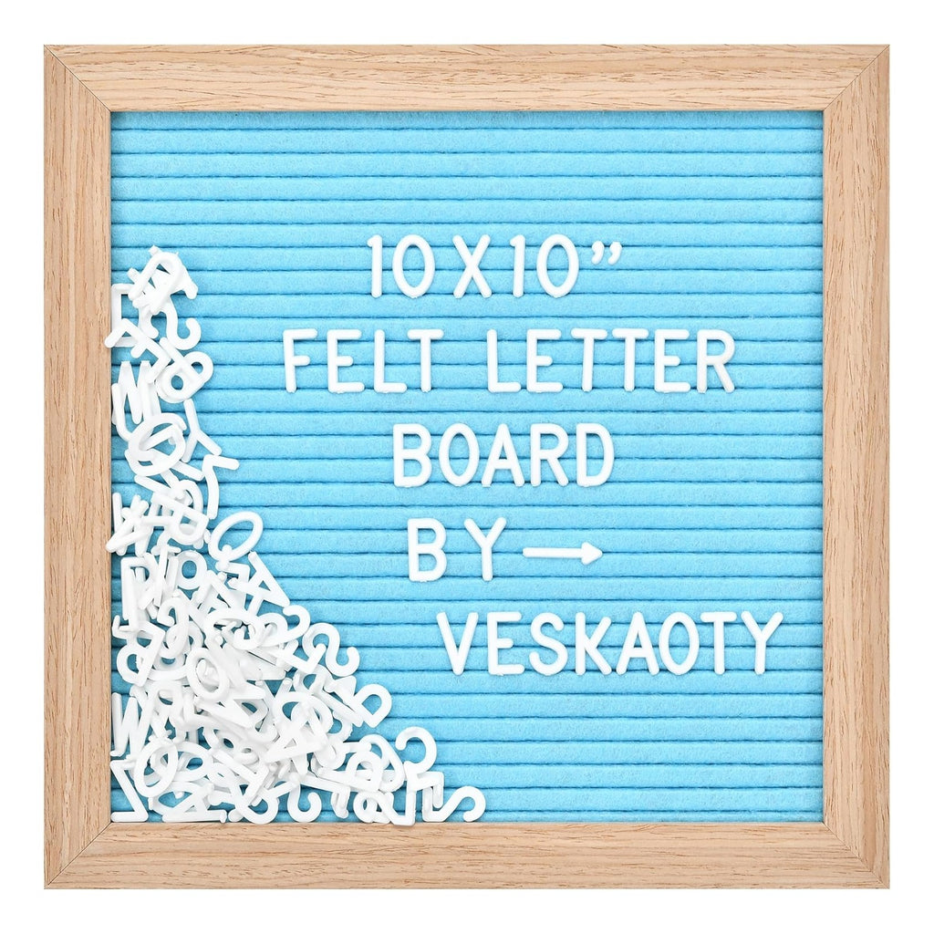 Felt Letter Board with 294 Letters, Numbers & Symbols - 10 x 10 inch Changeable Message Board with Wooden Frame Wall Mount Hook, Blue & Wood