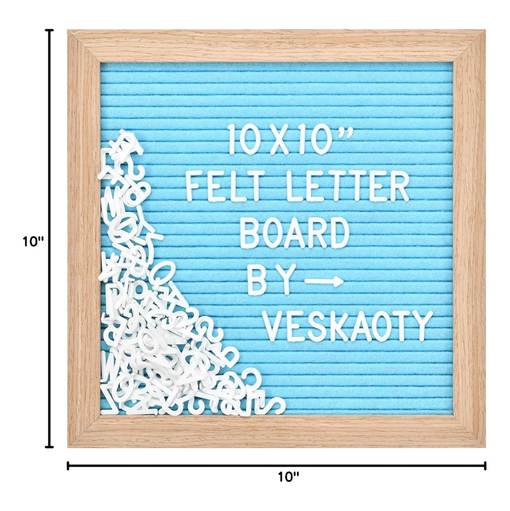 Felt Letter Board with 294 Letters, Numbers & Symbols - 10 x 10 inch Changeable Message Board with Wooden Frame Wall Mount Hook, Blue & Wood