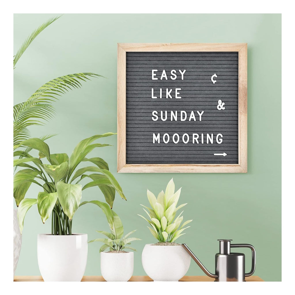 Felt Letter Board with 294 Letters, Numbers & Symbols - 10 x 10 inch Changeable Message Board with Wooden Frame Wall Mount Hook, Gray & Wood