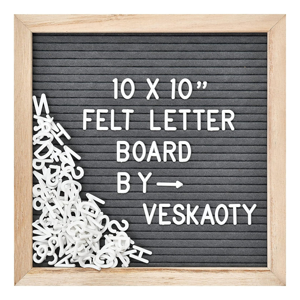 Felt Letter Board with 294 Letters, Numbers & Symbols - 10 x 10 inch Changeable Message Board with Wooden Frame Wall Mount Hook, Gray & Wood