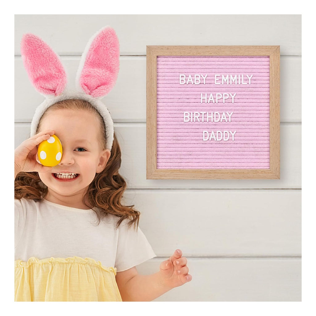Felt Letter Board with 294 Letters, Numbers & Symbols - 10 x 10 inch Changeable Message Board with Wooden Frame Wall Mount Hook, Pink & Wood