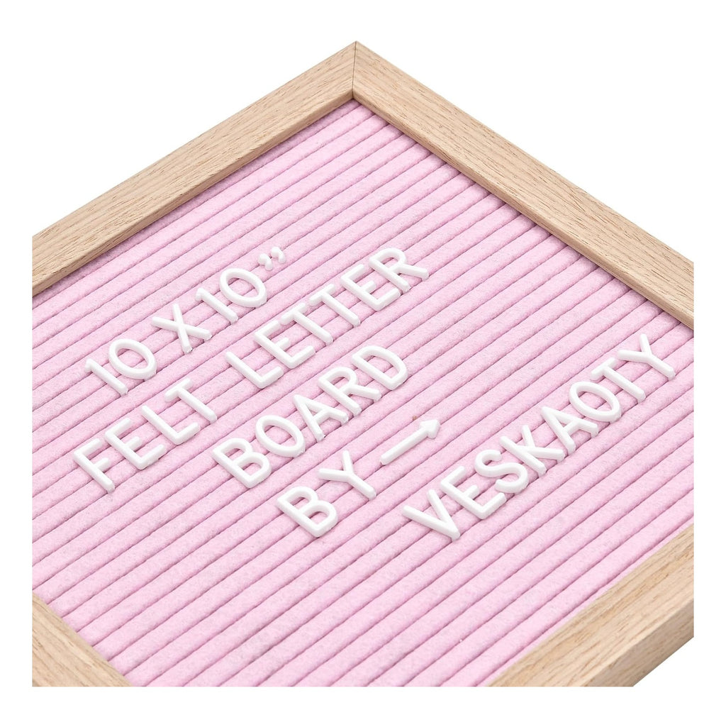 Felt Letter Board with 294 Letters, Numbers & Symbols - 10 x 10 inch Changeable Message Board with Wooden Frame Wall Mount Hook, Pink & Wood