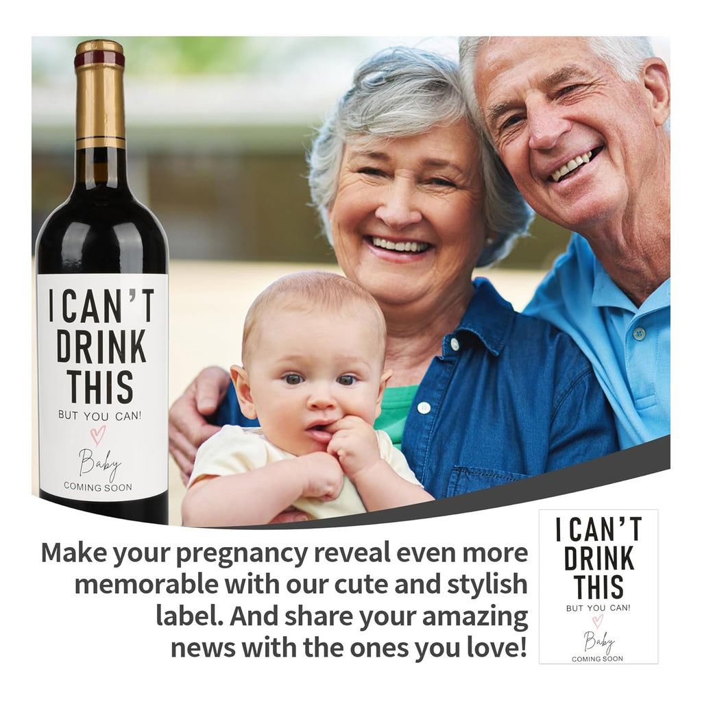 I Can't Drink This But You Can - Pregnancy Announcements Wine Labels, Baby Announcement Wine Labels, Pregnancy Reveal Ideas, Pregnancy Announcements for Family, Funny Wine Bottle Labels