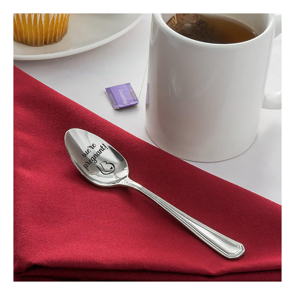 Pregnancy Announcement Gift Spoon | We're Pregnant Engraved Spoons For Surprise Pregnancy Announcement New Baby Reveal | Going To Have A Baby Gender Neutral / Twins | Gift For New Mom Dad - 7 Inch