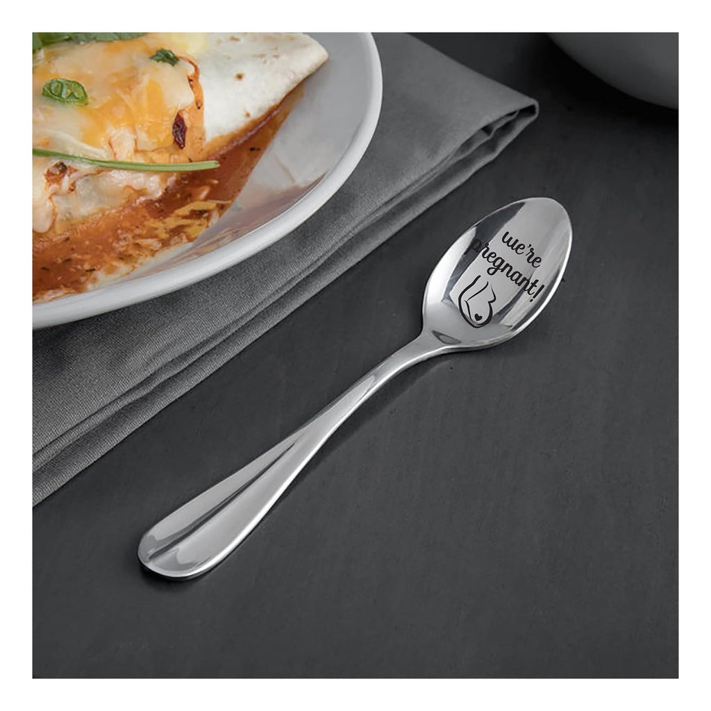 Pregnancy Announcement Gift Spoon | We're Pregnant Engraved Spoons For Surprise Pregnancy Announcement New Baby Reveal | Going To Have A Baby Gender Neutral / Twins | Gift For New Mom Dad - 7 Inch