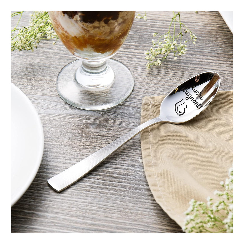 Pregnancy Announcement Gift Spoon | We're Pregnant Engraved Spoons For Surprise Pregnancy Announcement New Baby Reveal | Going To Have A Baby Gender Neutral / Twins | Gift For New Mom Dad - 7 Inch