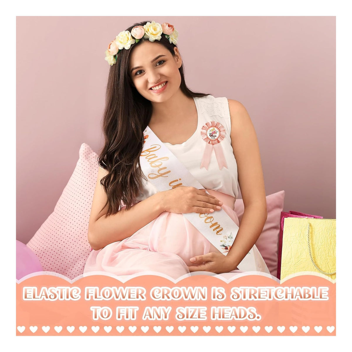 Baby in Bloom Baby Shower Decorations Mom to Be Sash and Dad to Be Pin Flower Crown Mommy Sash Set for Gender Reveals Shower Party Favors Pregnancy Dress Gift