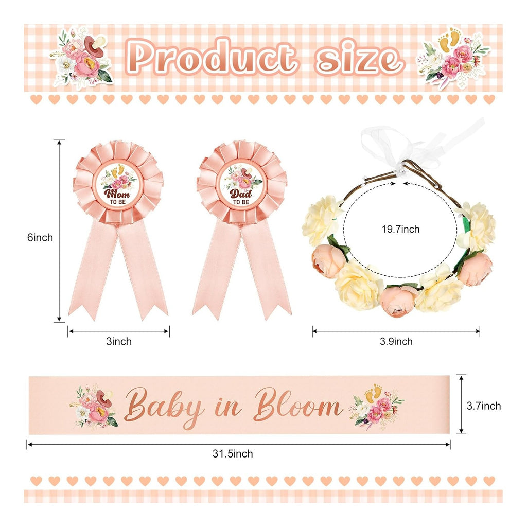 Baby in Bloom Baby Shower Decorations Mom to Be Sash and Dad to Be Pin Flower Crown Mommy Sash Set for Gender Reveals Shower Party Favors Pregnancy Dress Gift