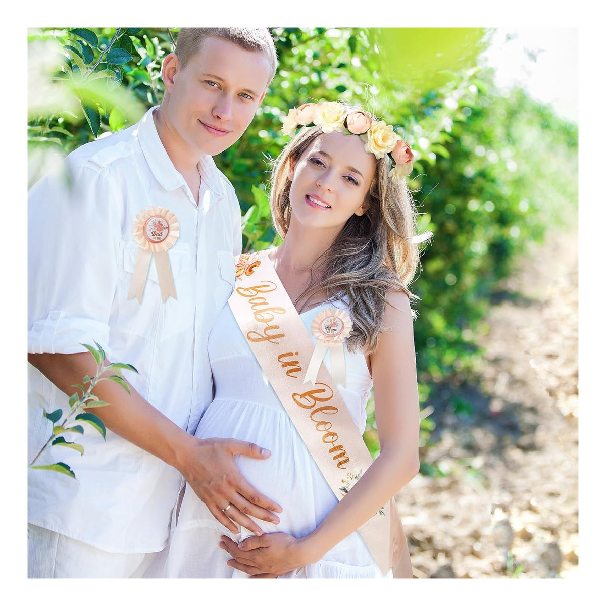 Baby in Bloom Baby Shower Decorations Mom to Be Sash and Dad to Be Pin Flower Crown Mommy Sash Set for Gender Reveals Shower Party Favors Pregnancy Dress Gift
