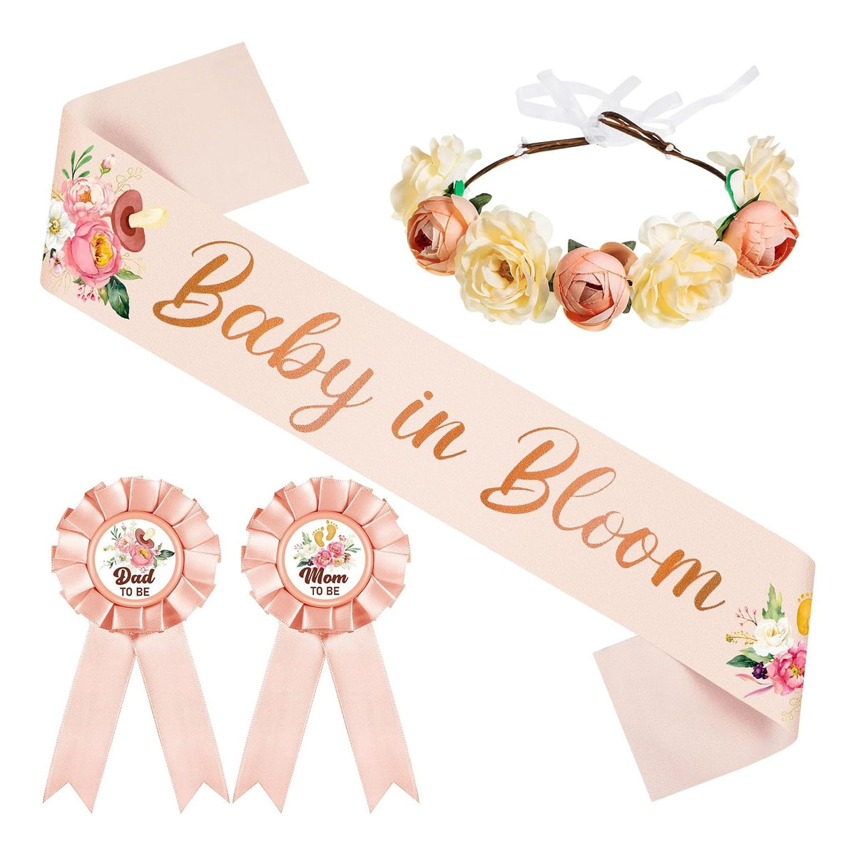 Baby in Bloom Baby Shower Decorations Mom to Be Sash and Dad to Be Pin Flower Crown Mommy Sash Set for Gender Reveals Shower Party Favors Pregnancy Dress Gift