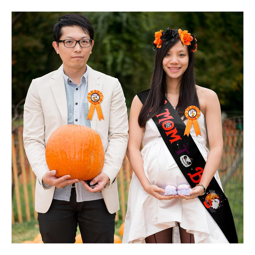 Halloween Baby Shower Decorations Spooky Mom to Be Sash and Dad to Be Pin Flower Crown Pumpkin Mommy Sash Set for Gender Reveals Shower Party Favors for Boys Girls Pregnancy Props Gift