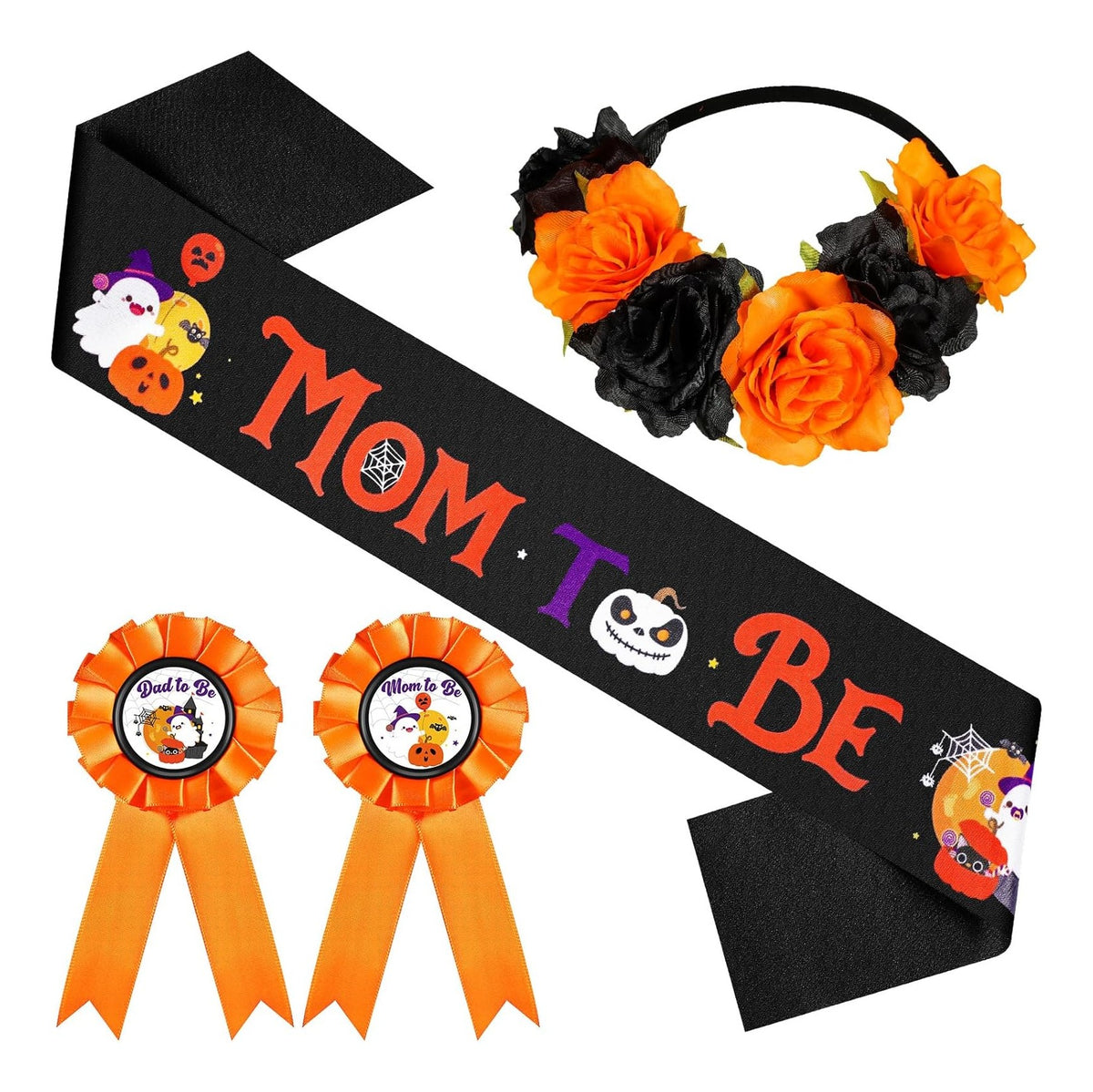 Halloween Baby Shower Decorations Spooky Mom to Be Sash and Dad to Be Pin Flower Crown Pumpkin Mommy Sash Set for Gender Reveals Shower Party Favors for Boys Girls Pregnancy Props Gift