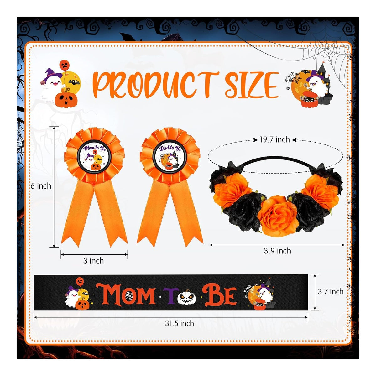 Halloween Baby Shower Decorations Spooky Mom to Be Sash and Dad to Be Pin Flower Crown Pumpkin Mommy Sash Set for Gender Reveals Shower Party Favors for Boys Girls Pregnancy Props Gift