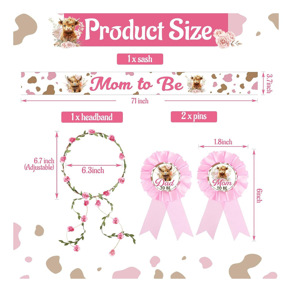 Highland Cow Baby Shower Decorations Mom to Be Sash and Dad to Be Pin Flower Crown for Cow Baby Shower Gender Reveals Party Favors Pregnancy Props Gift