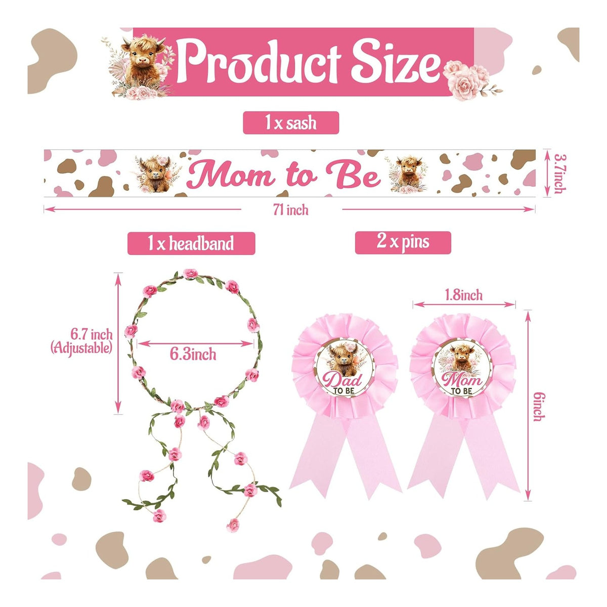 Highland Cow Baby Shower Decorations Mom to Be Sash and Dad to Be Pin Flower Crown for Cow Baby Shower Gender Reveals Party Favors Pregnancy Props Gift