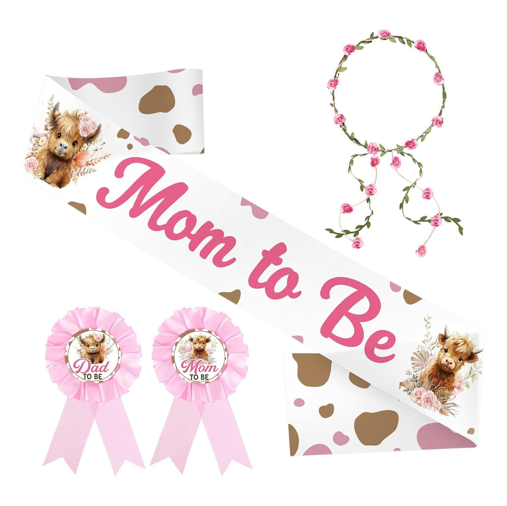 Highland Cow Baby Shower Decorations Mom to Be Sash and Dad to Be Pin Flower Crown for Cow Baby Shower Gender Reveals Party Favors Pregnancy Props Gift