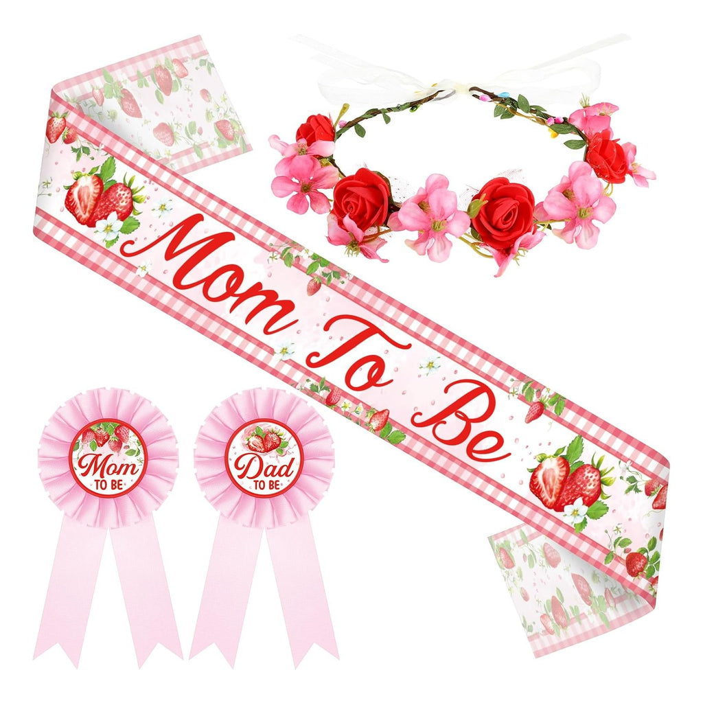 Strawberry Baby Shower Decorations Mom to Be Sash Dad to Be Pin Flower Crown Berry Sweet Mommy Sash Baby Shower Party Favors for Girls Pregnancy Props Gift