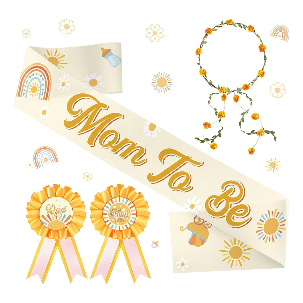 Here Comes the Son Baby Shower Decorations Mom to Be Sash and Dad to Be Pin Flower Crown for Sun Baby Shower Gender Reveals Party Favors Pregnancy Props Gift