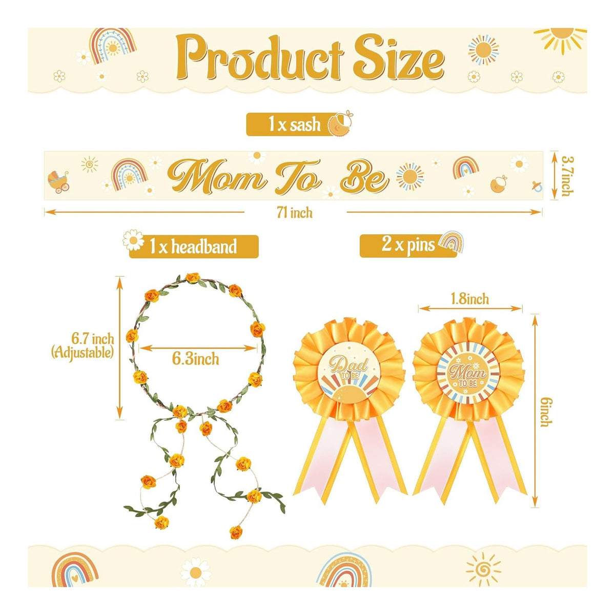 Here Comes the Son Baby Shower Decorations Mom to Be Sash and Dad to Be Pin Flower Crown for Sun Baby Shower Gender Reveals Party Favors Pregnancy Props Gift