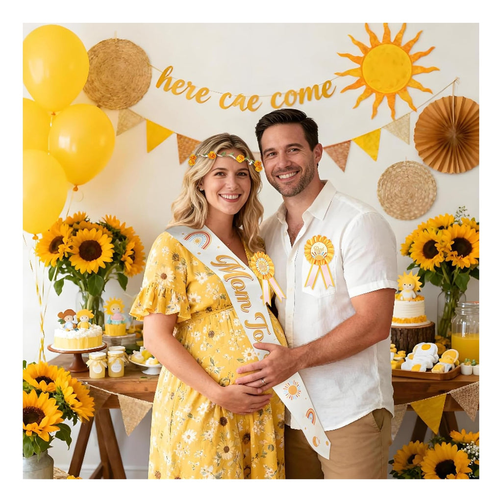 Here Comes the Son Baby Shower Decorations Mom to Be Sash and Dad to Be Pin Flower Crown for Sun Baby Shower Gender Reveals Party Favors Pregnancy Props Gift