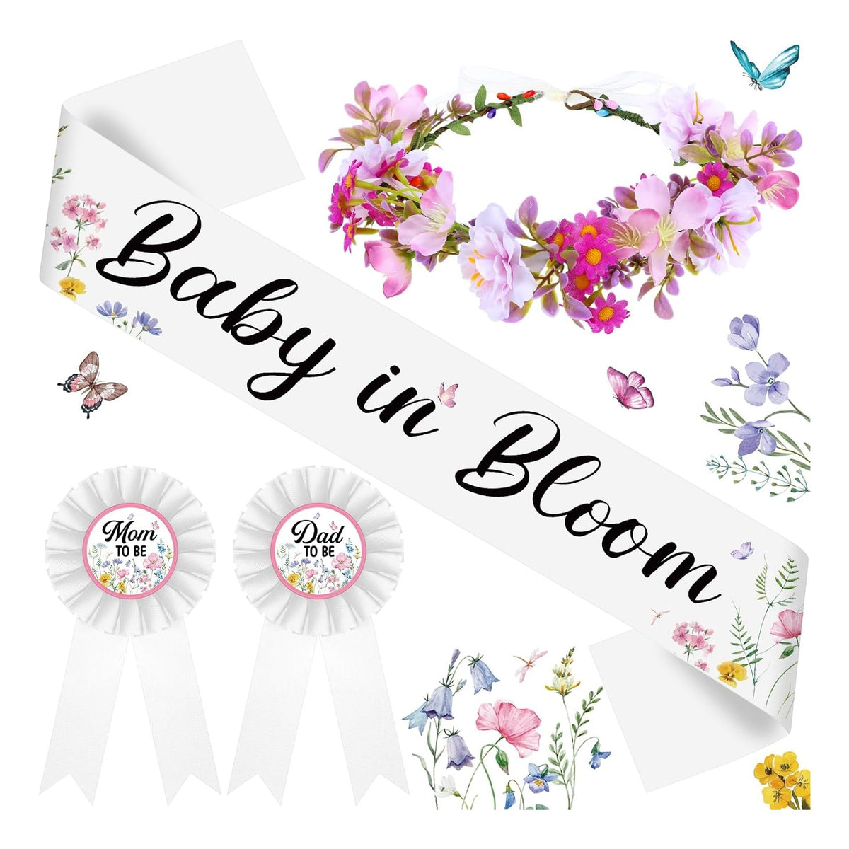 Wildflower Baby Shower Decorations Baby in Bloom Floral Mom to Be Sash and Dad to Be Pin Flower Crown for Gender Reveals Shower Party Favors Pregnancy Mommy Dress Gift