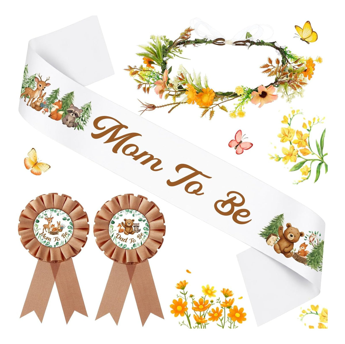 Woodland Baby Shower Decorations Mom to Be Sash and Dad to Be Pin Flower Crown for Neutral Baby Shower Gender Reveals Party Favors Pregnancy Props Gift