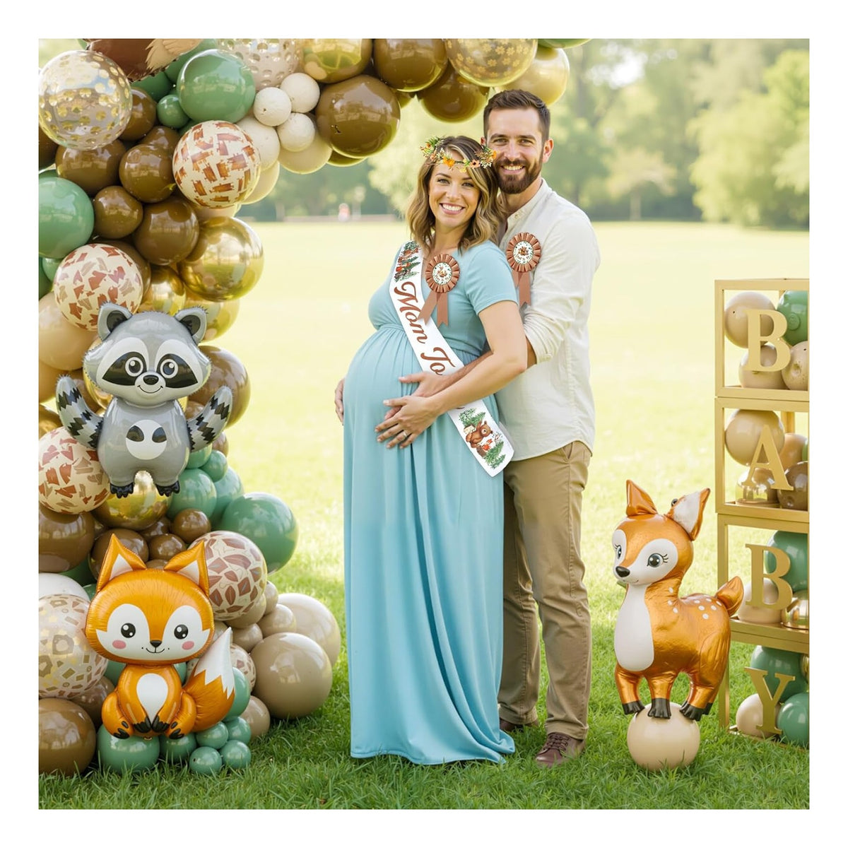 Woodland Baby Shower Decorations Mom to Be Sash and Dad to Be Pin Flower Crown for Neutral Baby Shower Gender Reveals Party Favors Pregnancy Props Gift