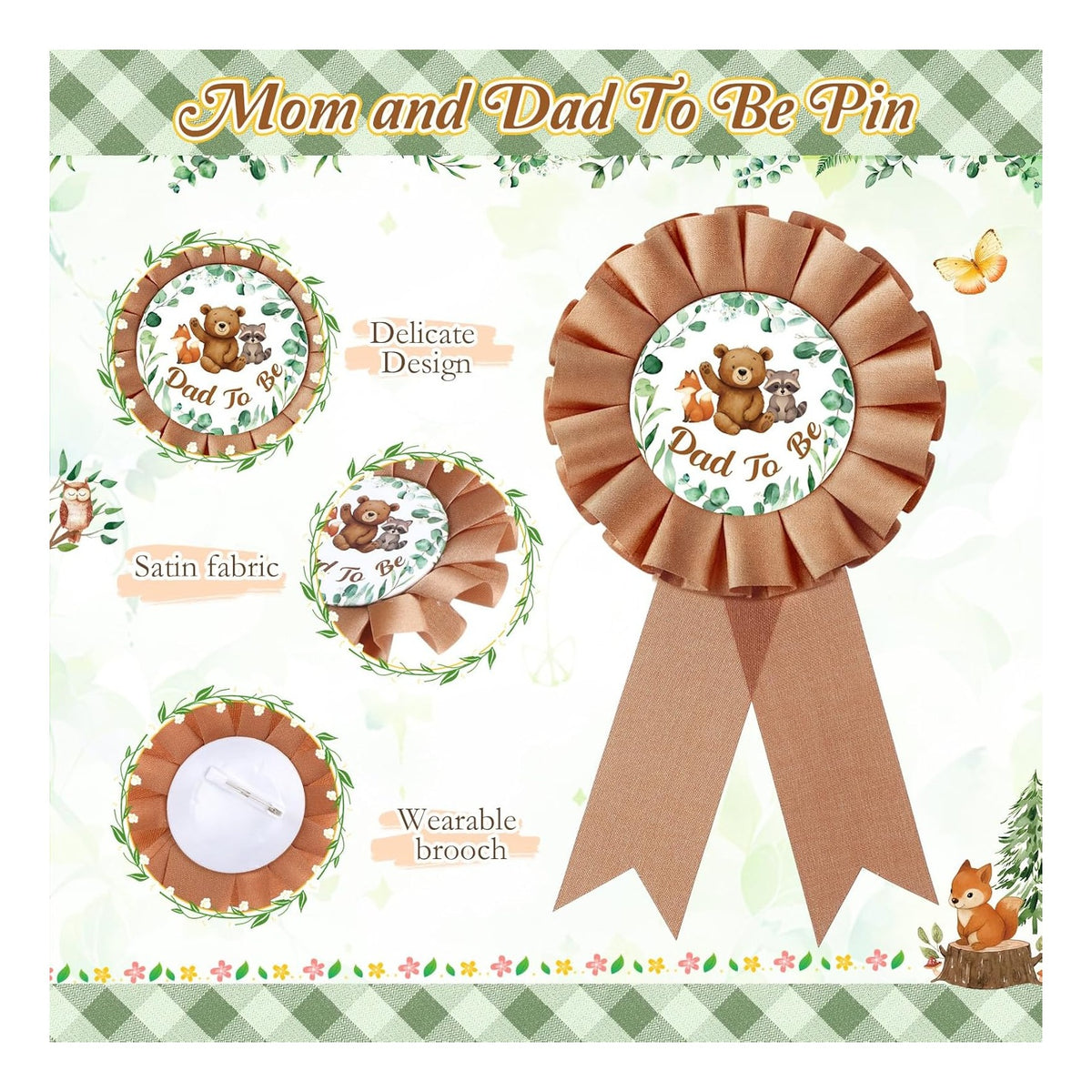 Woodland Baby Shower Decorations Mom to Be Sash and Dad to Be Pin Flower Crown for Neutral Baby Shower Gender Reveals Party Favors Pregnancy Props Gift