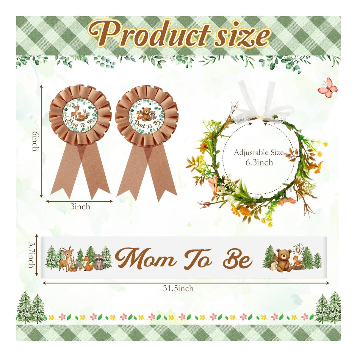 Woodland Baby Shower Decorations Mom to Be Sash and Dad to Be Pin Flower Crown for Neutral Baby Shower Gender Reveals Party Favors Pregnancy Props Gift